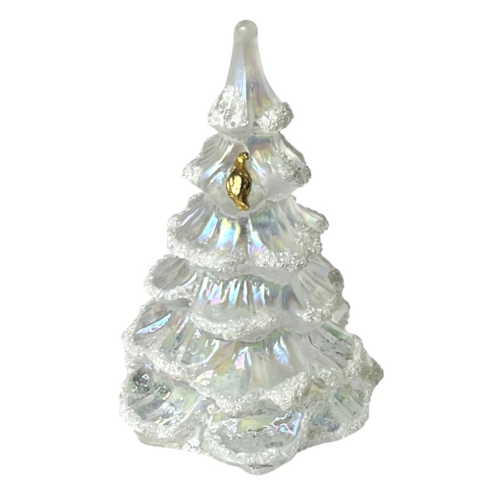 Fenton Glass Christmas Tree Figurine 3” Iridescent White Snow Flocked Gold Bird